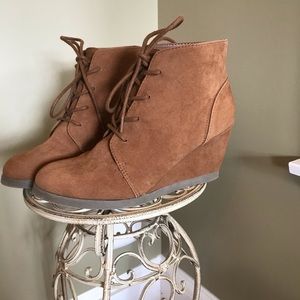 Ladies taupe lace up wedge booties